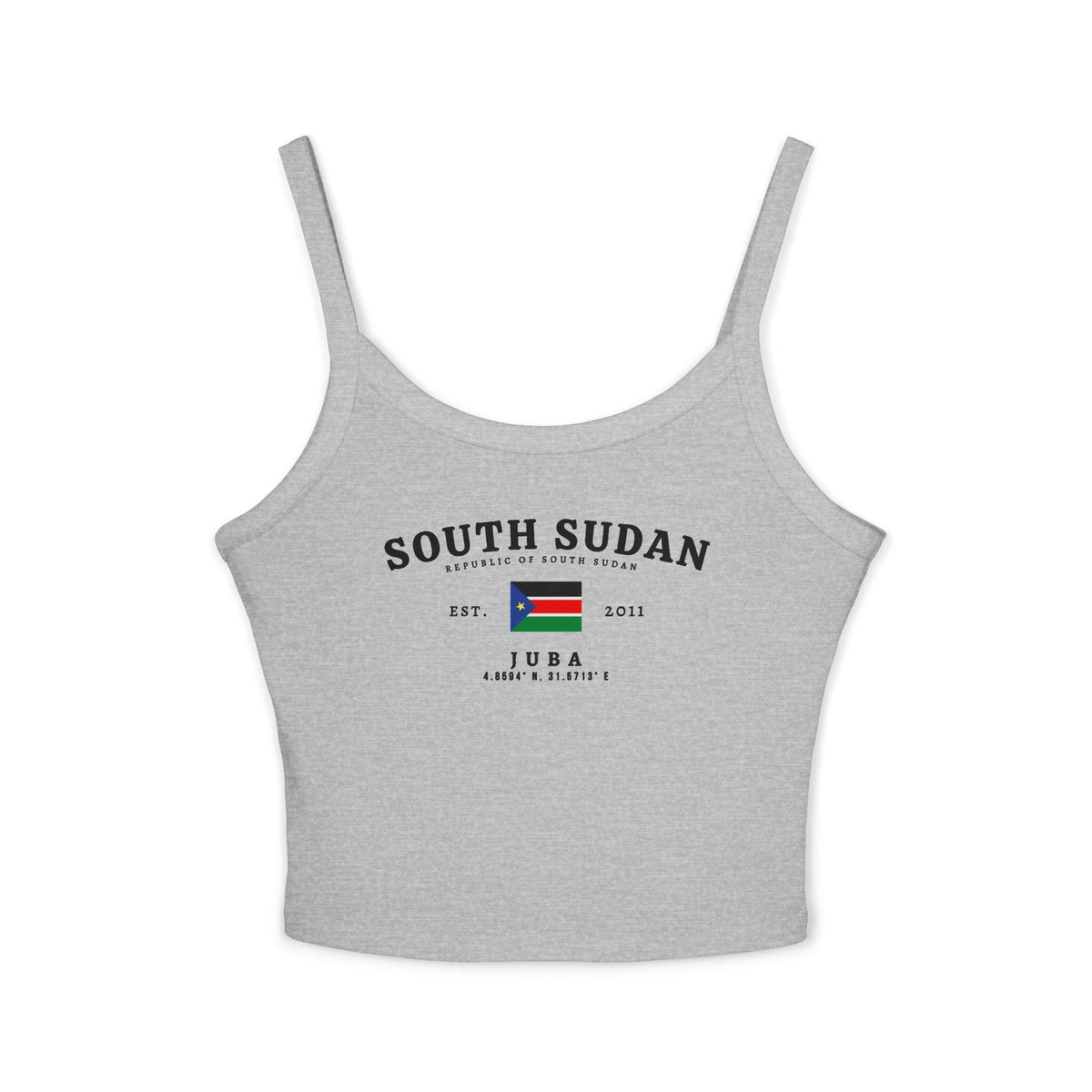 Black tank top with South Sudan text, flag, Juba, coordinates, and Est. 2011 design