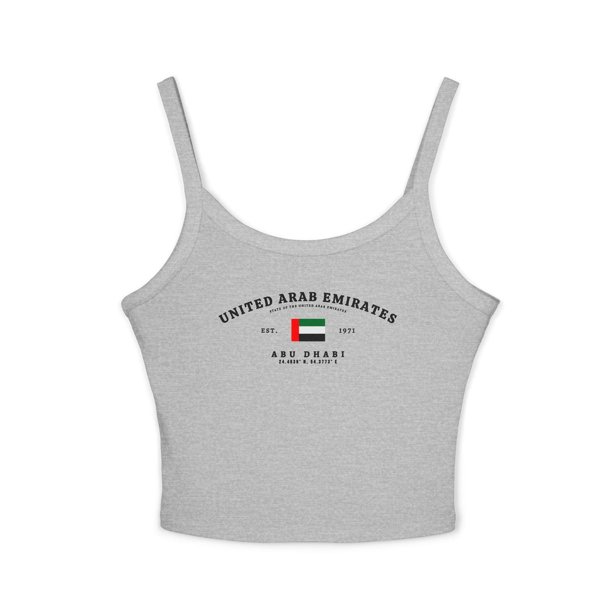 Navy tank top with United Arab Emirates flag, Abu Dhabi, Est. 1971, and arched UAE text design