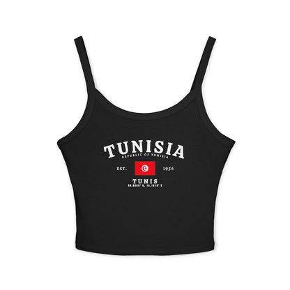 Red tank top with Tunisia text, Tunisian flag, Est. 1956, and Tunis coordinates design