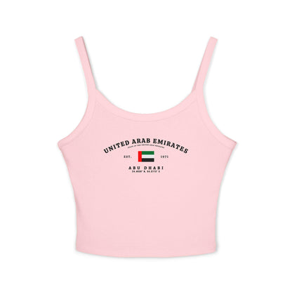Navy tank top with United Arab Emirates flag, Abu Dhabi, Est. 1971, and arched UAE text design