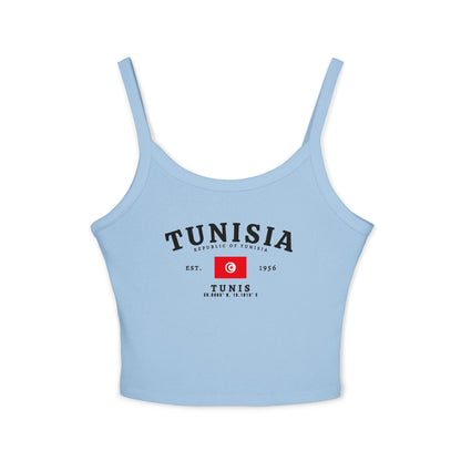Red tank top with Tunisia text, Tunisian flag, Est. 1956, and Tunis coordinates design