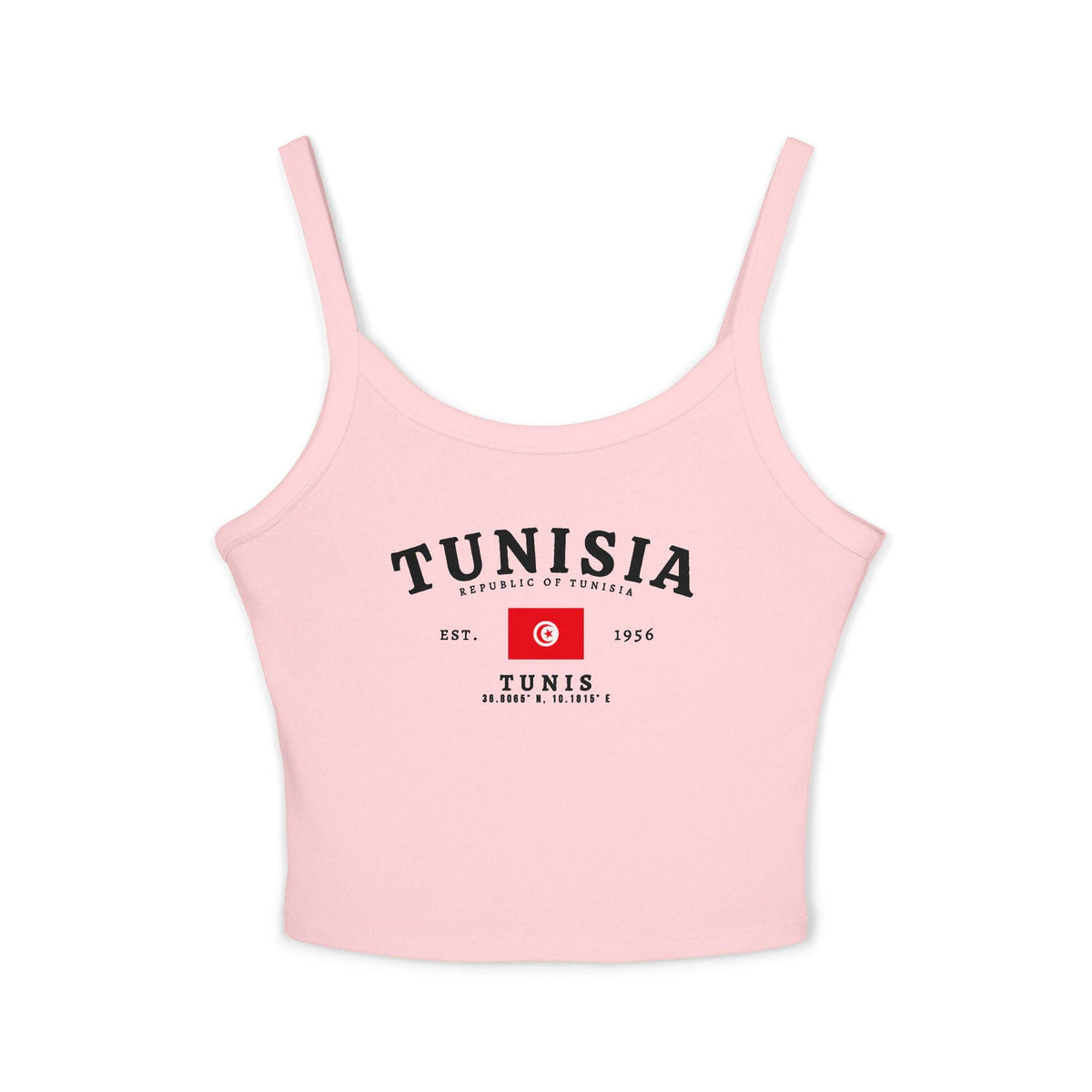 Red tank top with Tunisia text, Tunisian flag, Est. 1956, and Tunis coordinates design