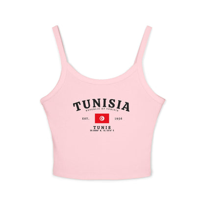 Red tank top with Tunisia text, Tunisian flag, Est. 1956, and Tunis coordinates design