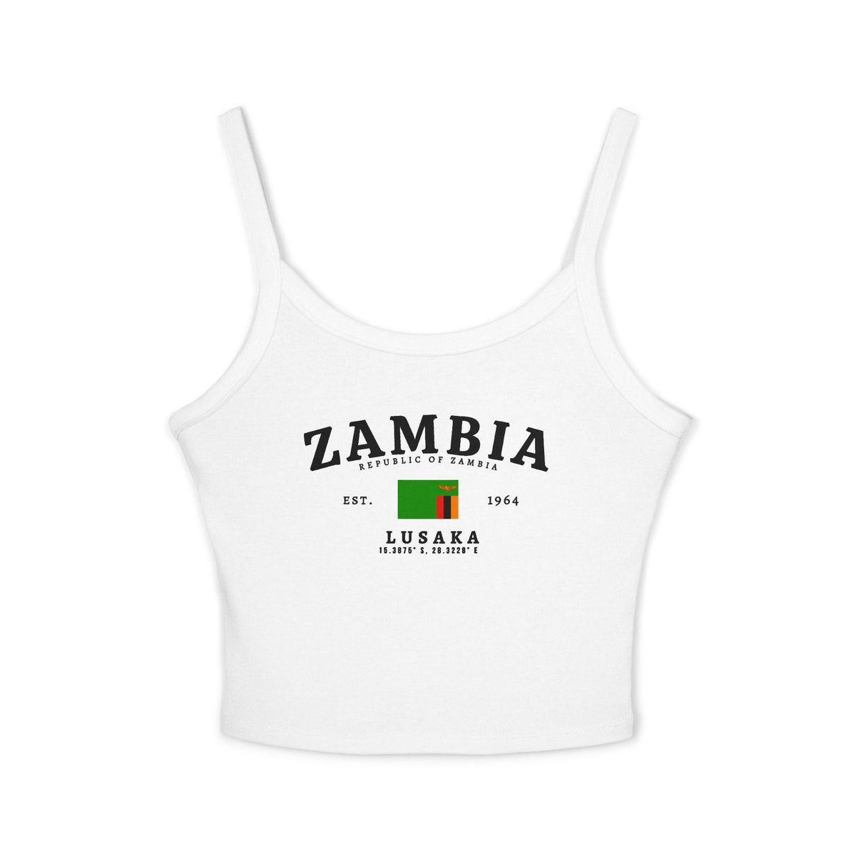 Black tank top with vintage Zambia, Republic of Zambia, Lusaka, flag, and est. 1964 design