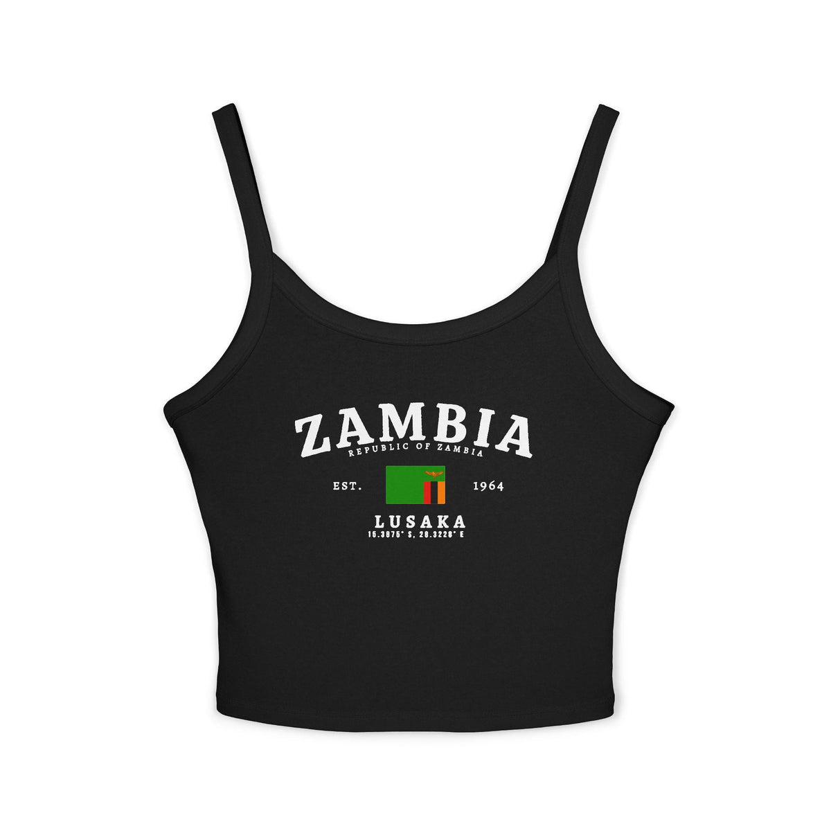 Black tank top with vintage Zambia, Republic of Zambia, Lusaka, flag, and est. 1964 design