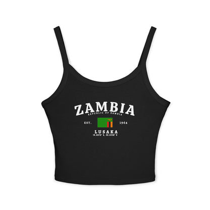 Black tank top with vintage Zambia, Republic of Zambia, Lusaka, flag, and est. 1964 design