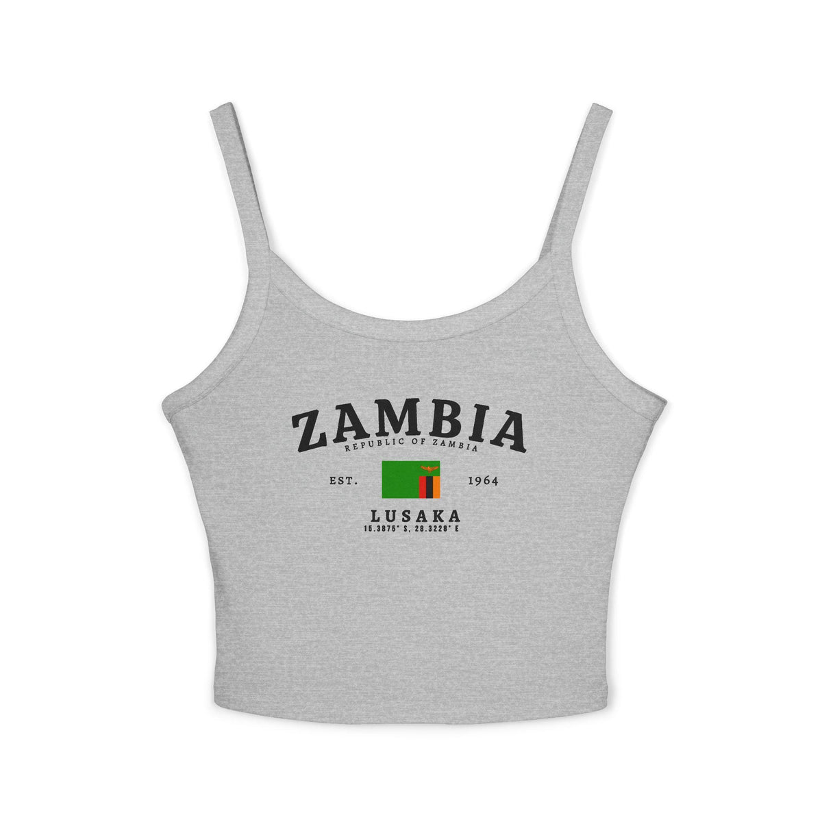 Black tank top with vintage Zambia, Republic of Zambia, Lusaka, flag, and est. 1964 design