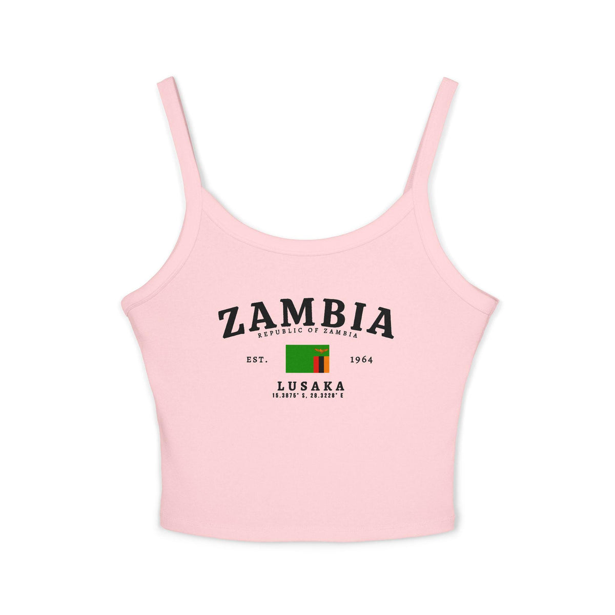 Black tank top with vintage Zambia, Republic of Zambia, Lusaka, flag, and est. 1964 design