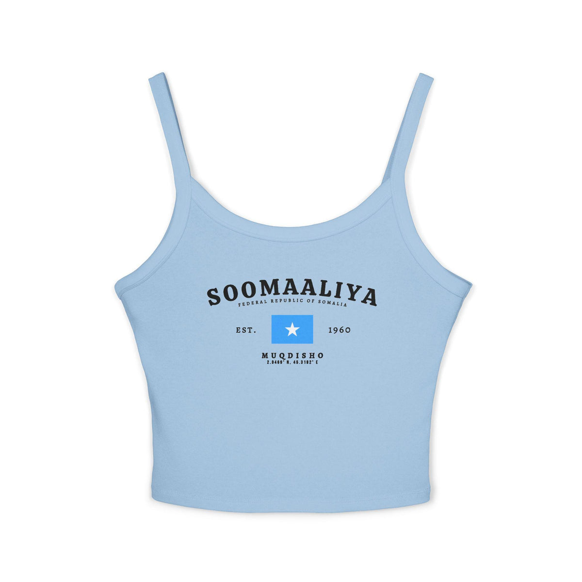 Light blue tank top with Soomaaliya text, Somalia flag, Est. 1960, and Muqdisho coordinates