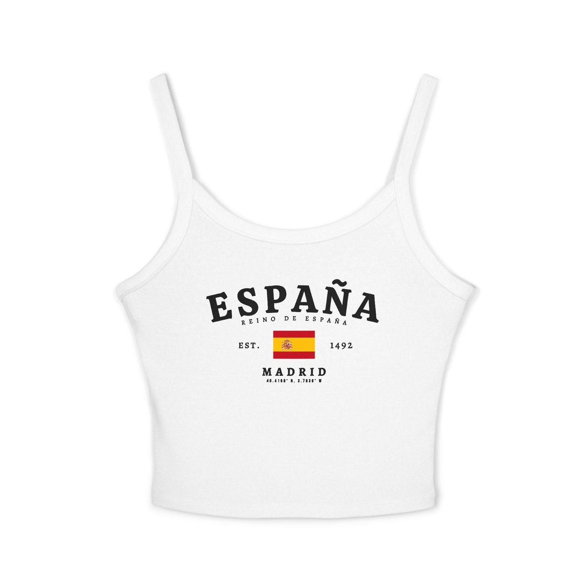 Red tank top with white ESPAÑA lettering, Spanish flag, Reino de España, and Madrid details