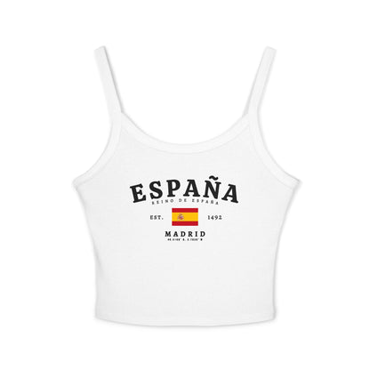 Red tank top with white ESPAÑA lettering, Spanish flag, Reino de España, and Madrid details