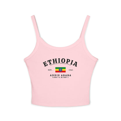 Navy tank top with arched Ethiopia text, Ethiopian flag, Amharic script, and Addis Ababa coordinates