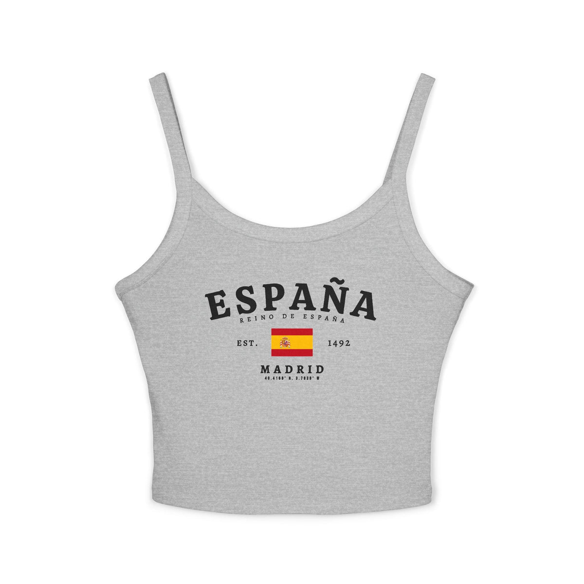 Red tank top with white ESPAÑA lettering, Spanish flag, Reino de España, and Madrid details