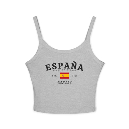 Red tank top with white ESPAÑA lettering, Spanish flag, Reino de España, and Madrid details