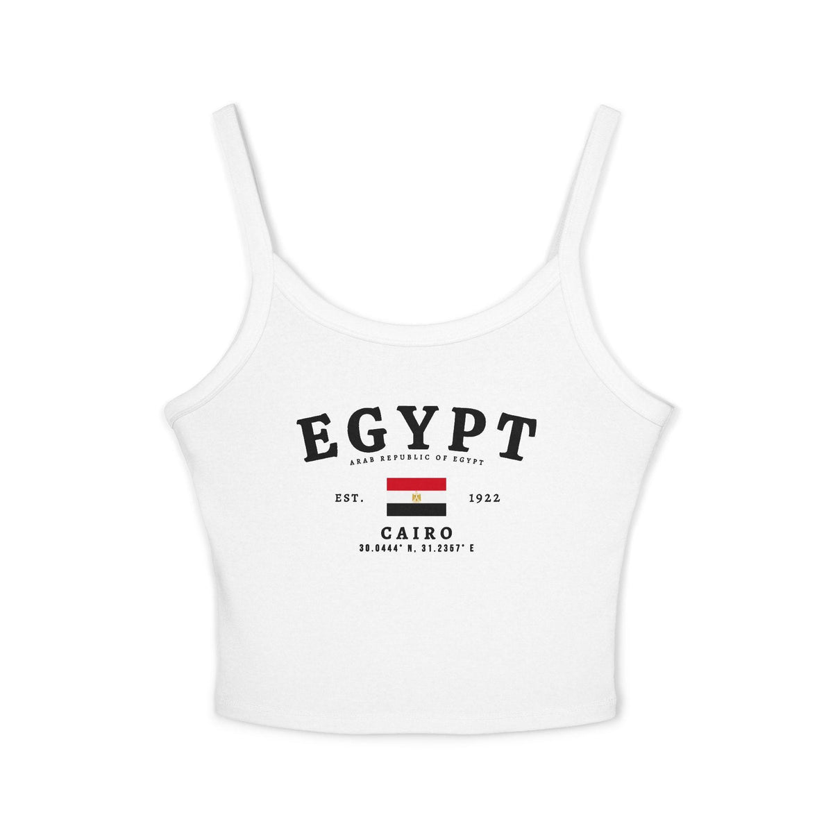 Red Egypt tank top with Cairo text, Egyptian flag, Est. 1922, and coordinates