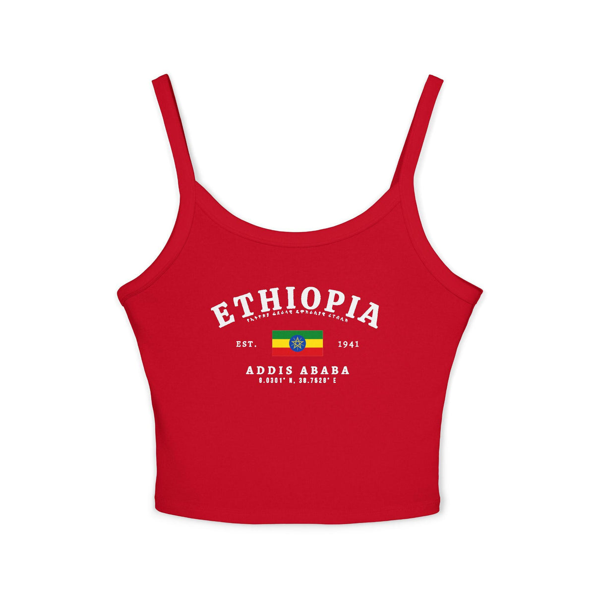 Navy tank top with arched Ethiopia text, Ethiopian flag, Amharic script, and Addis Ababa coordinates