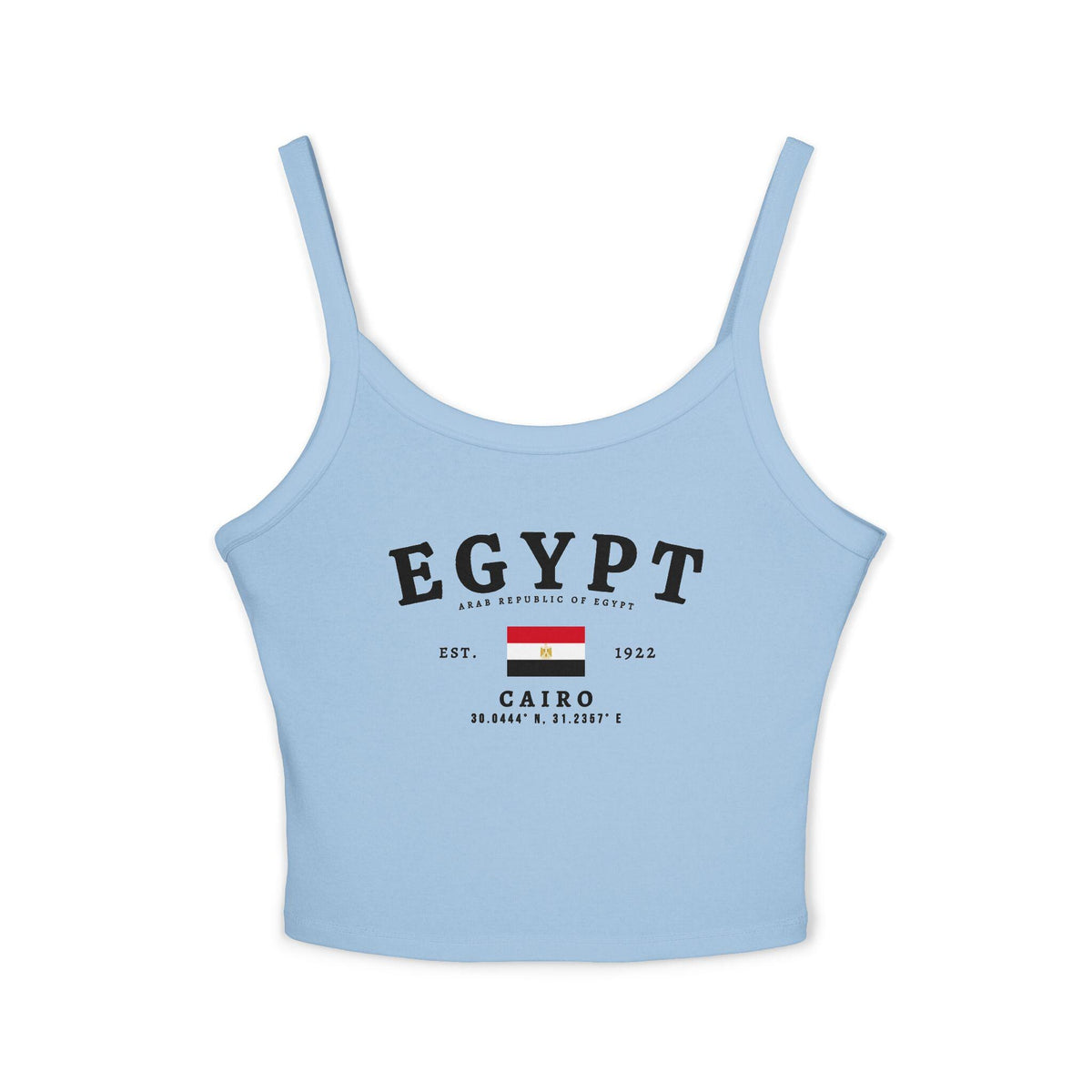 Red Egypt tank top with Cairo text, Egyptian flag, Est. 1922, and coordinates
