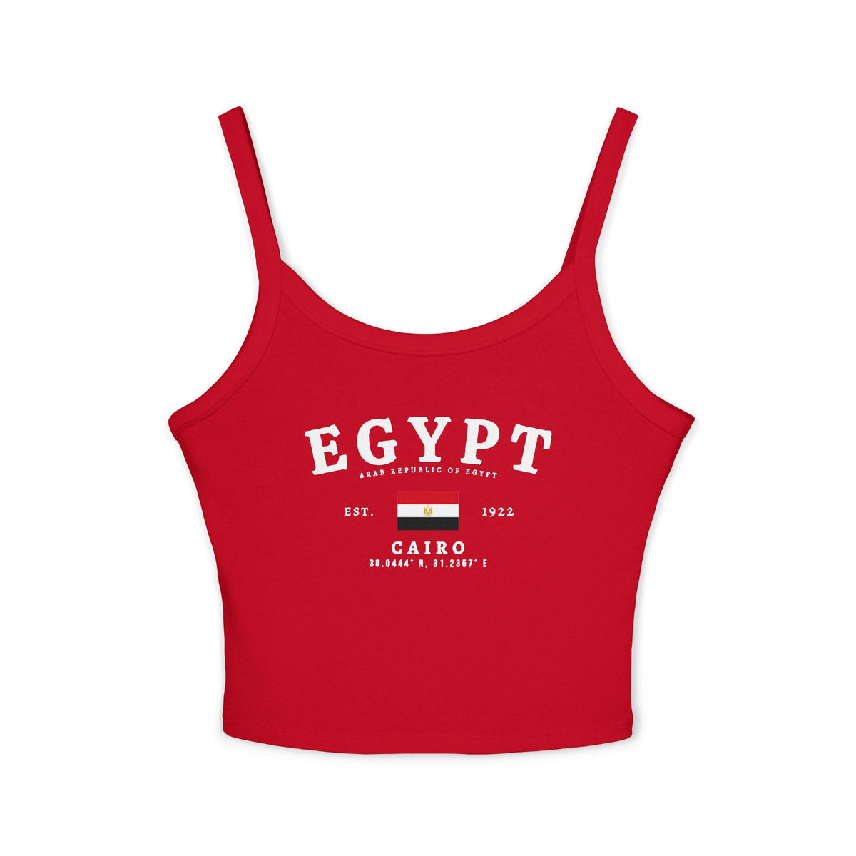 Red Egypt tank top with Cairo text, Egyptian flag, Est. 1922, and coordinates