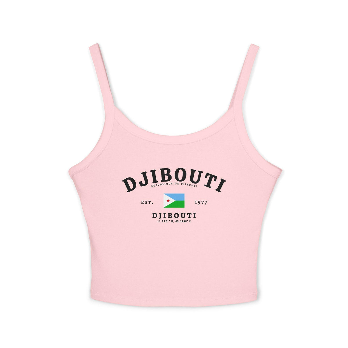 Light blue tank top with vintage Djibouti text, flag, Est. 1977, and coordinates design