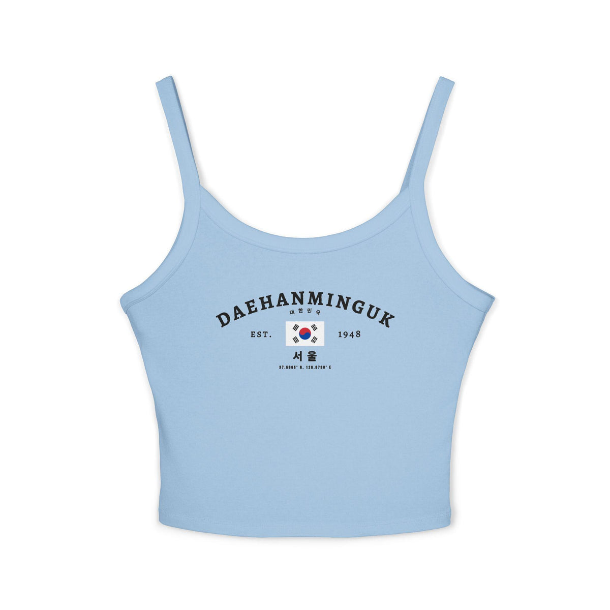 Navy tank top with Daehanminguk text, South Korean flag, Seoul lettering, and coordinates.
