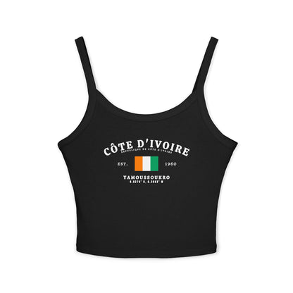 Navy tank top with Côte d'Ivoire flag, Yamoussoukro, Est. 1960 and coordinate design