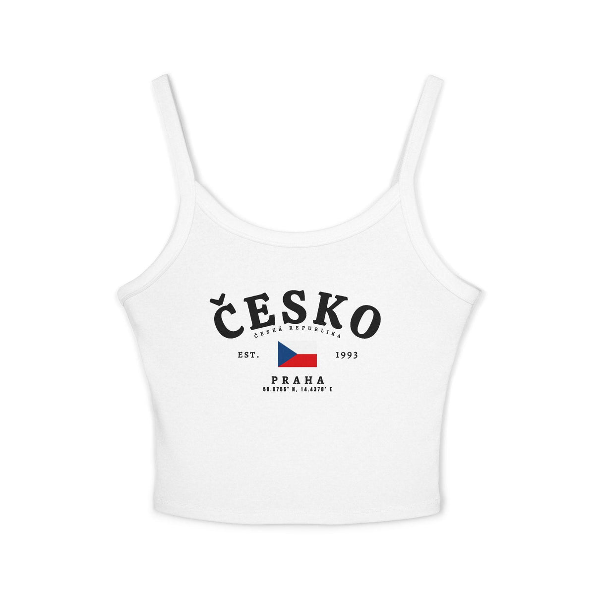 Red tank top with white Česko lettering, Czech flag, Est. 1993, and Praha coordinates