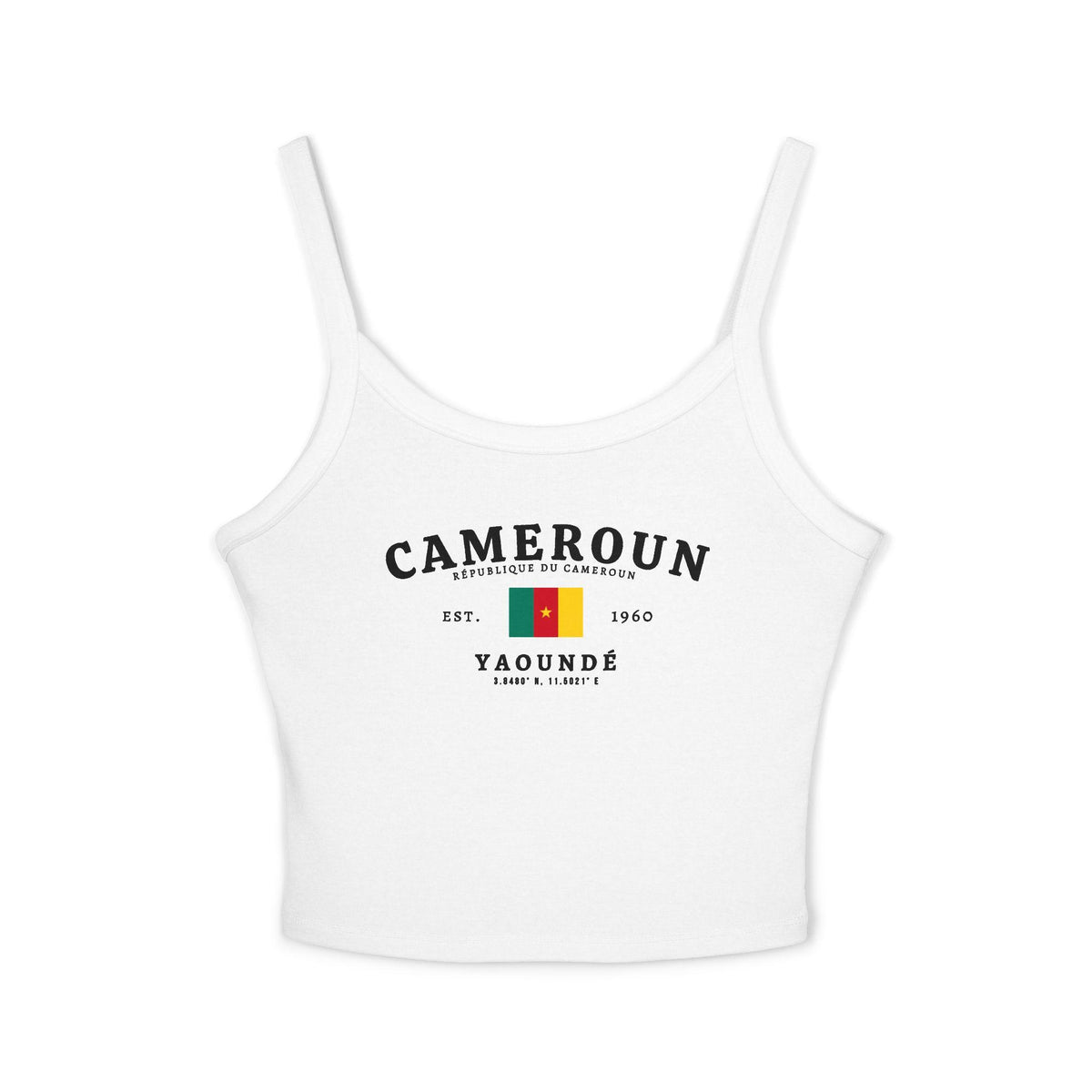 Black tank top with Cameroun text, Cameroon flag, Est. 1960, and Yaoundé coordinates design
