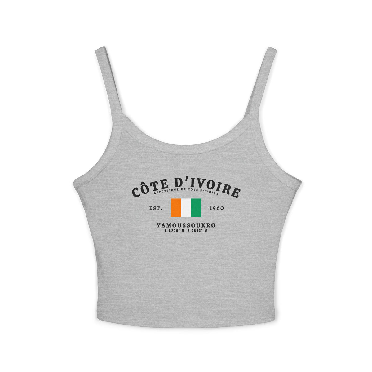 Navy tank top with Côte d'Ivoire flag, Yamoussoukro, Est. 1960 and coordinate design