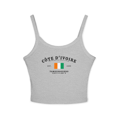 Navy tank top with Côte d'Ivoire flag, Yamoussoukro, Est. 1960 and coordinate design