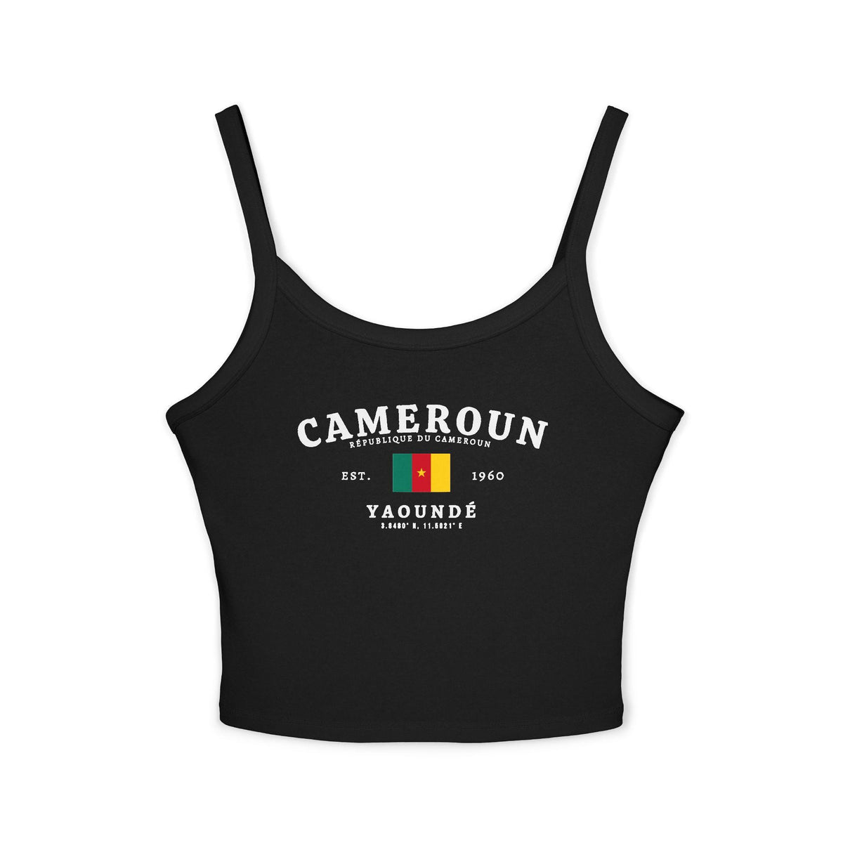 Black tank top with Cameroun text, Cameroon flag, Est. 1960, and Yaoundé coordinates design