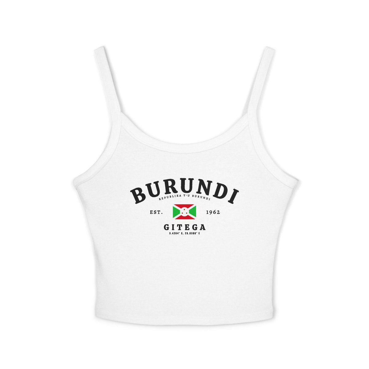 Burundi tank top with vintage Gitega text, Burundi flag, est. 1962 detail, and coordinates