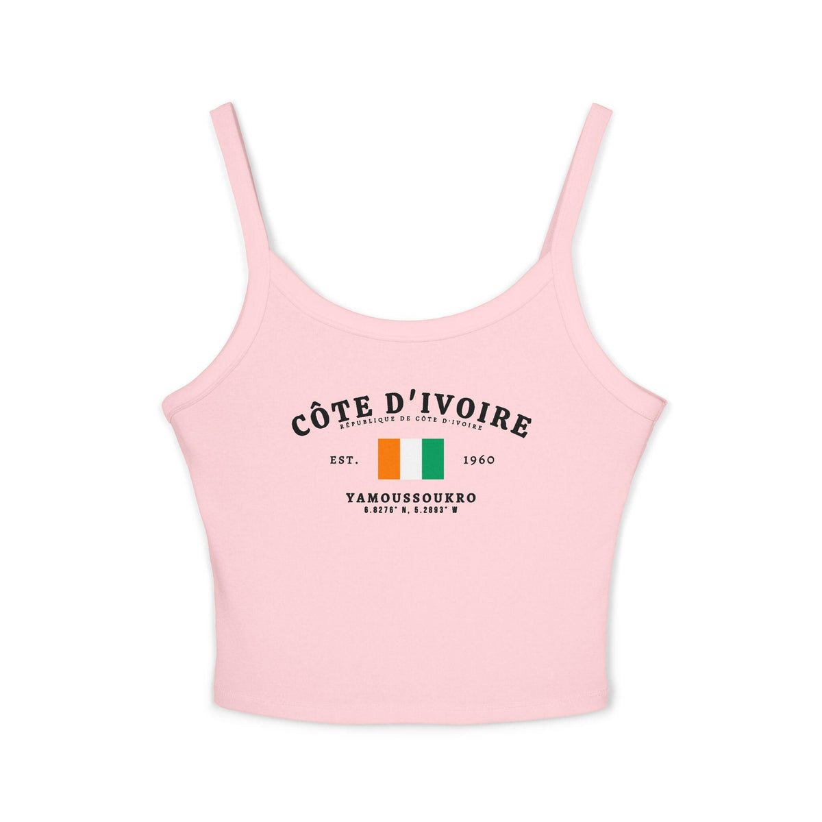 Navy tank top with Côte d'Ivoire flag, Yamoussoukro, Est. 1960 and coordinate design