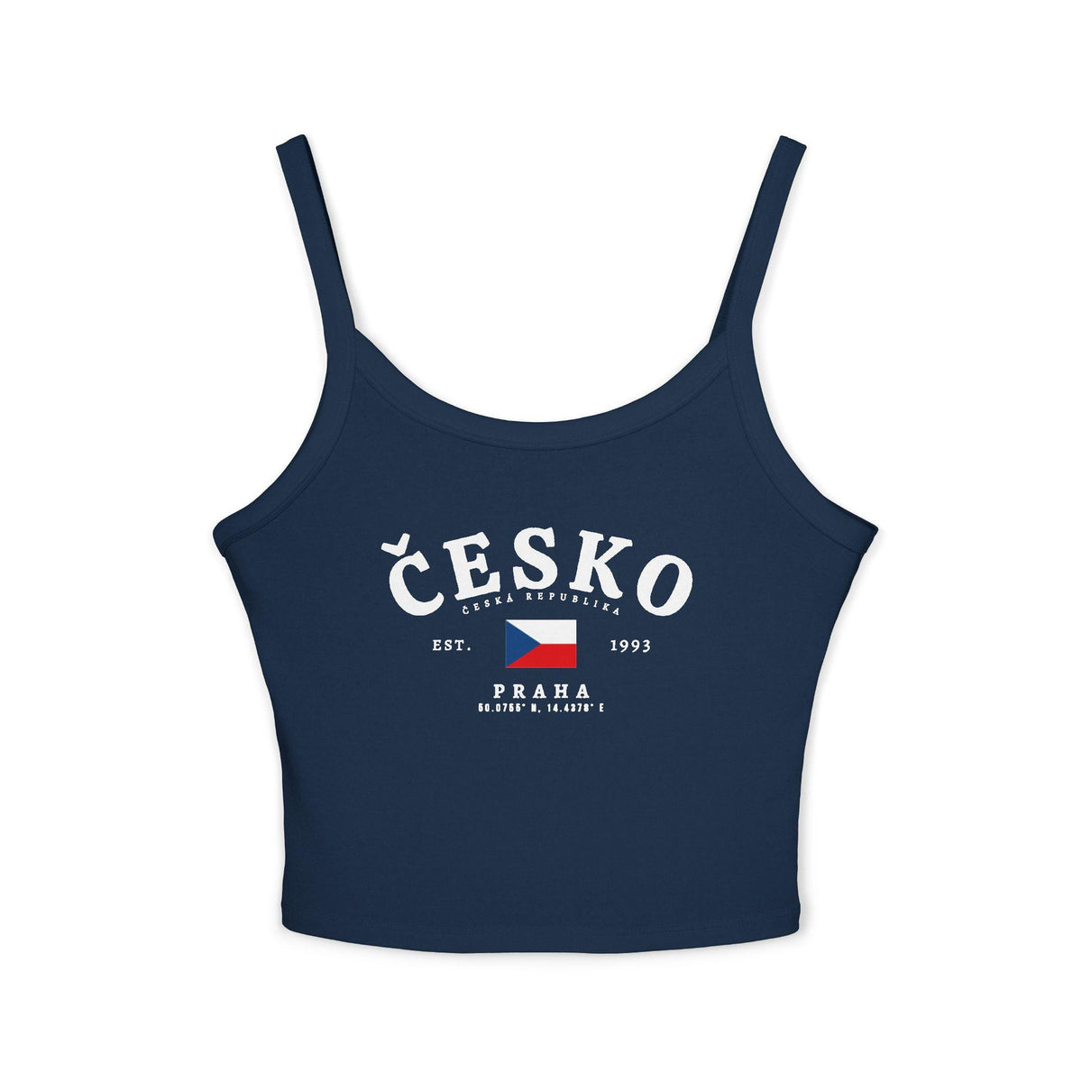 Red tank top with white Česko lettering, Czech flag, Est. 1993, and Praha coordinates