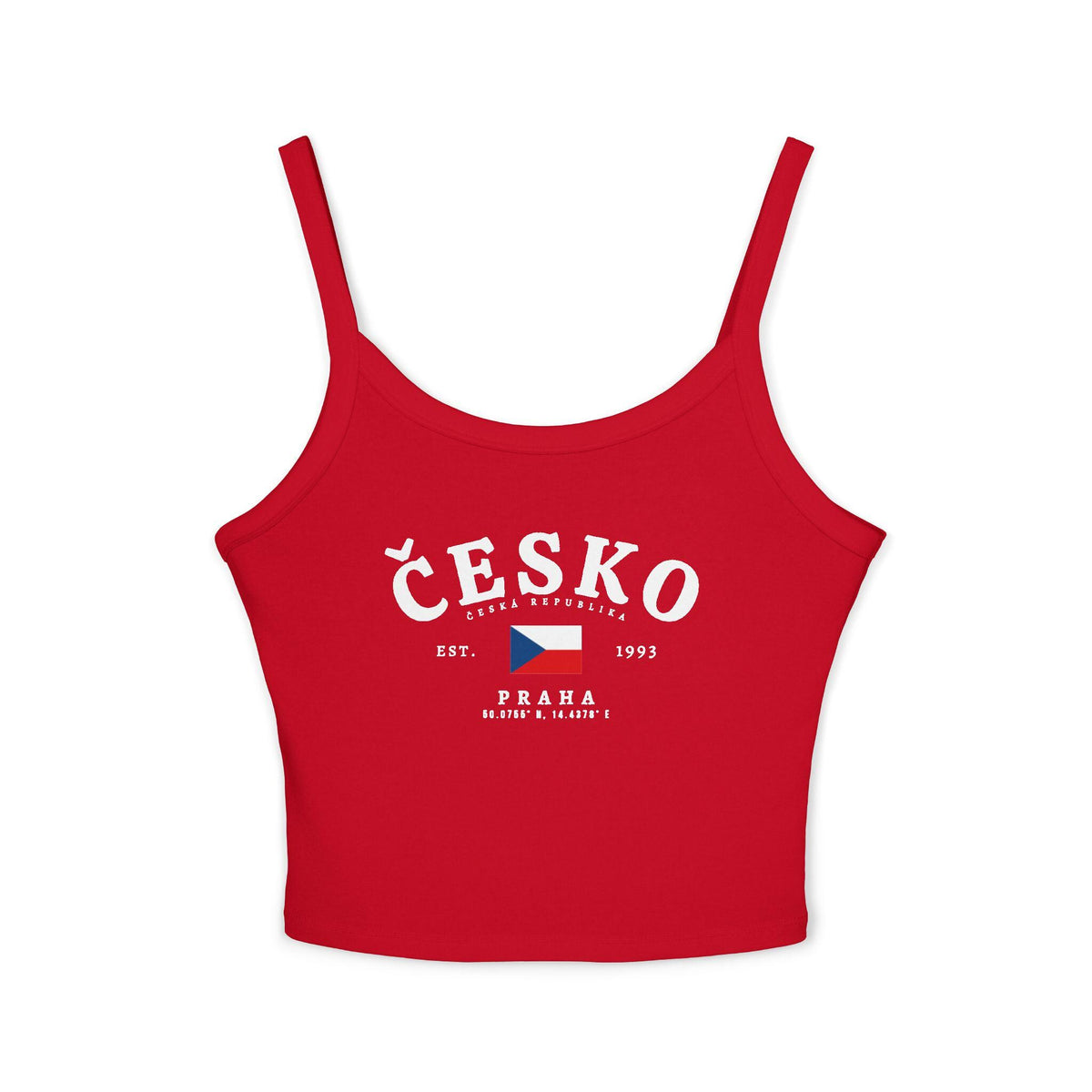 Red tank top with white Česko lettering, Czech flag, Est. 1993, and Praha coordinates