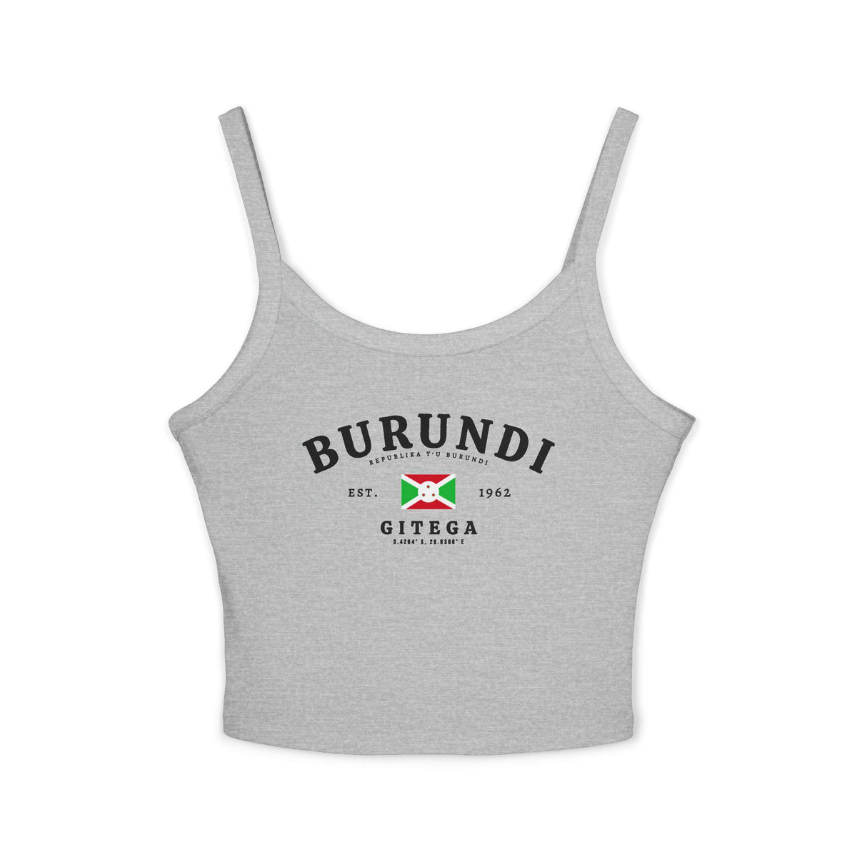Burundi tank top with vintage Gitega text, Burundi flag, est. 1962 detail, and coordinates