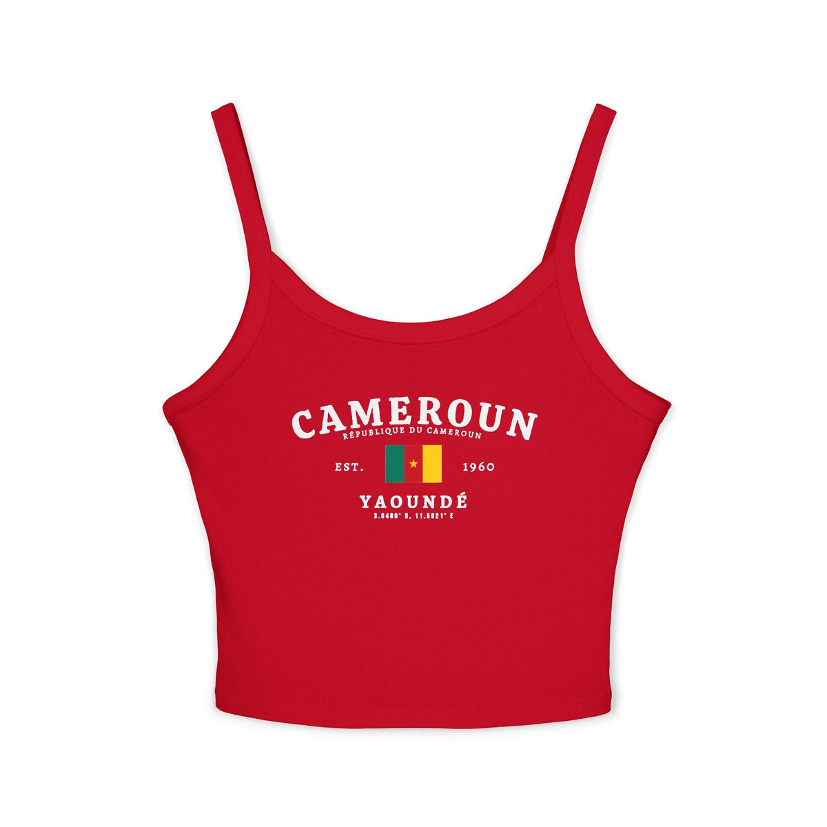 Black tank top with Cameroun text, Cameroon flag, Est. 1960, and Yaoundé coordinates design