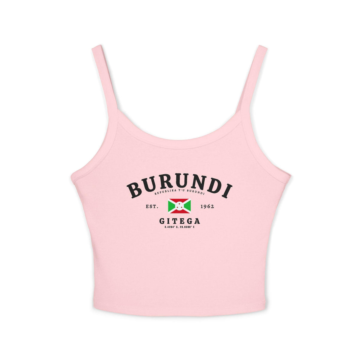 Burundi tank top with vintage Gitega text, Burundi flag, est. 1962 detail, and coordinates