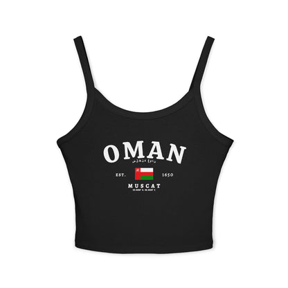 Navy tank top with large Oman text, Arabic script, Oman flag, and Muscat coordinates