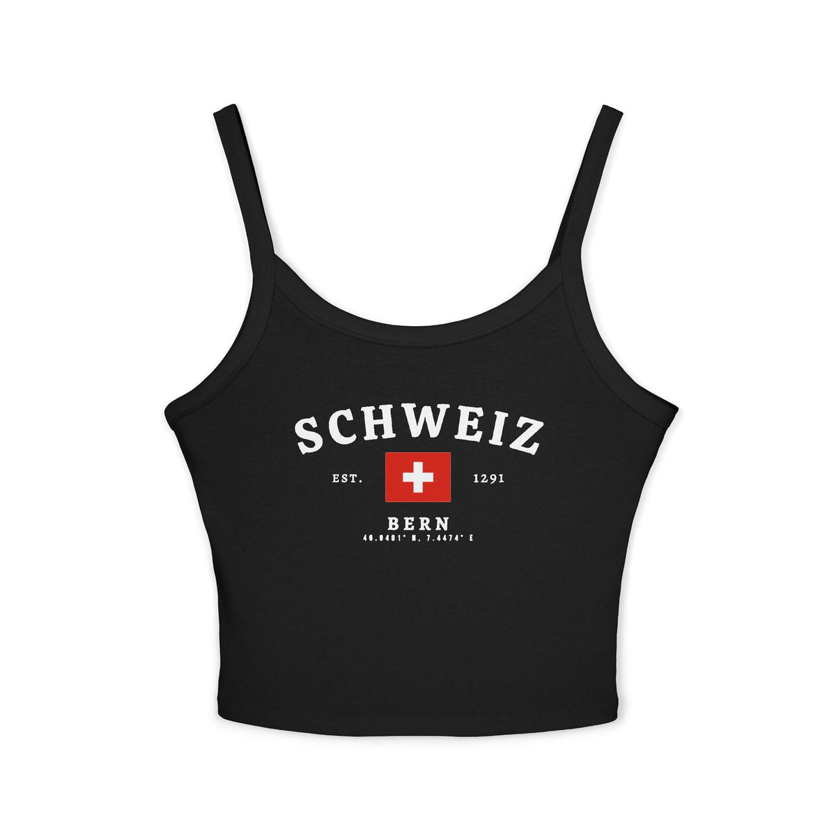 Red tank top with SCHWEIZ lettering, Swiss flag, EST. 1291, and Bern coordinates design