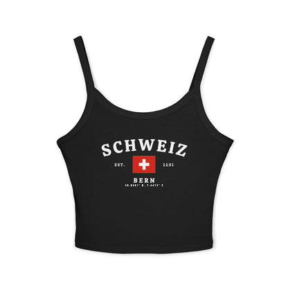 Red tank top with SCHWEIZ lettering, Swiss flag, EST. 1291, and Bern coordinates design