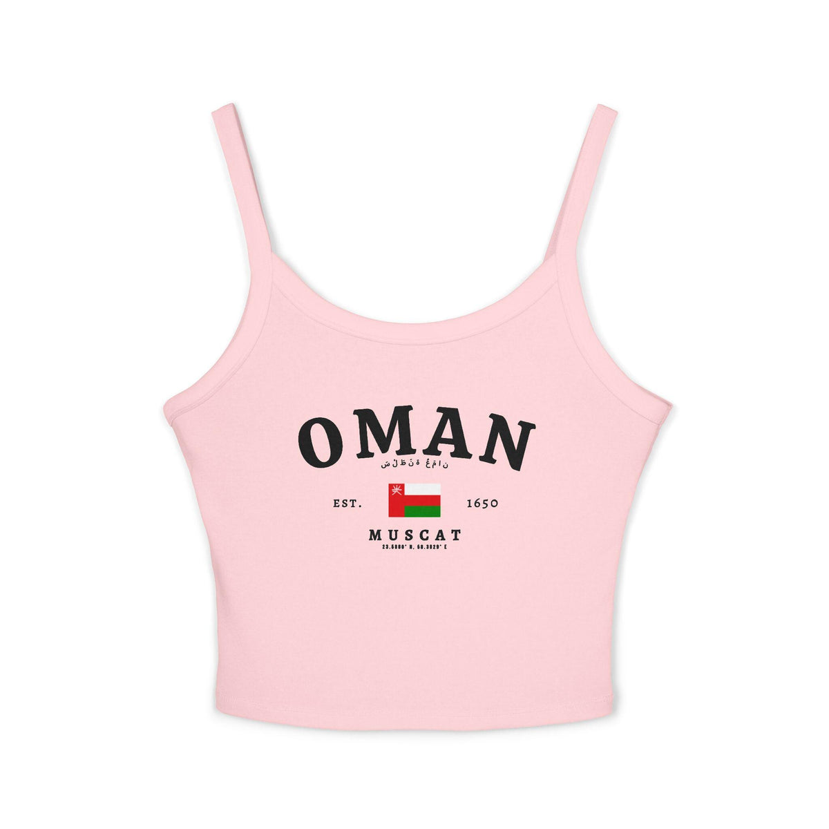 Navy tank top with large Oman text, Arabic script, Oman flag, and Muscat coordinates