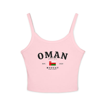 Navy tank top with large Oman text, Arabic script, Oman flag, and Muscat coordinates