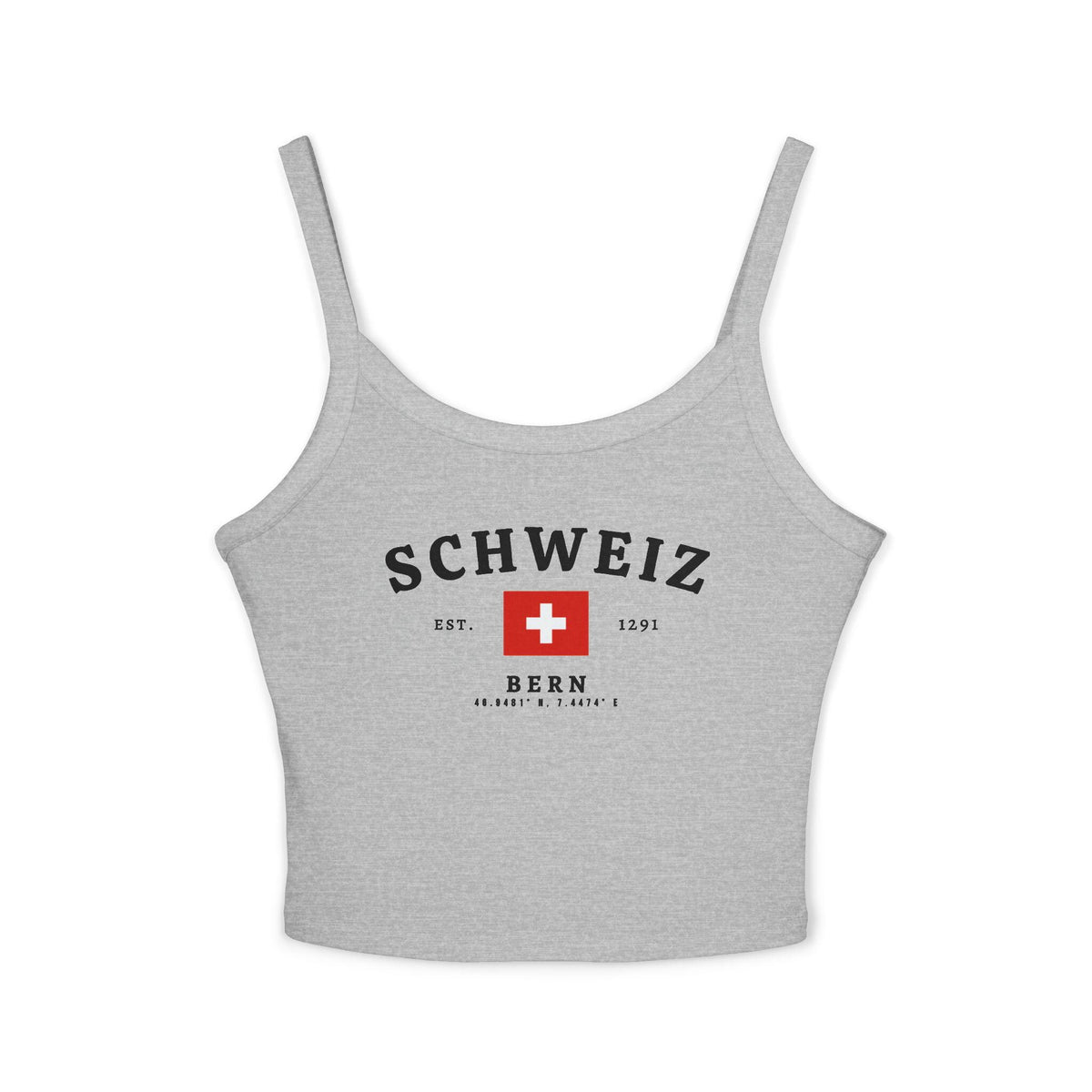 Red tank top with SCHWEIZ lettering, Swiss flag, EST. 1291, and Bern coordinates design