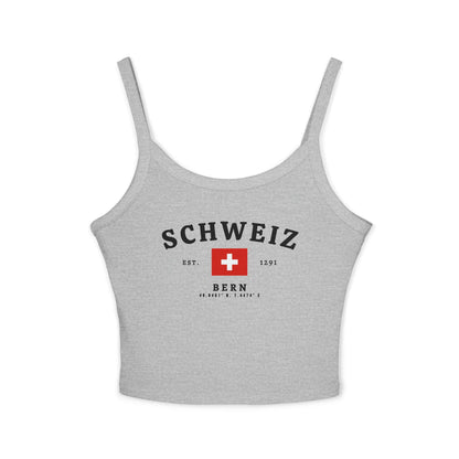 Red tank top with SCHWEIZ lettering, Swiss flag, EST. 1291, and Bern coordinates design