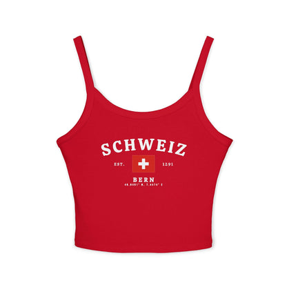 Red tank top with SCHWEIZ lettering, Swiss flag, EST. 1291, and Bern coordinates design