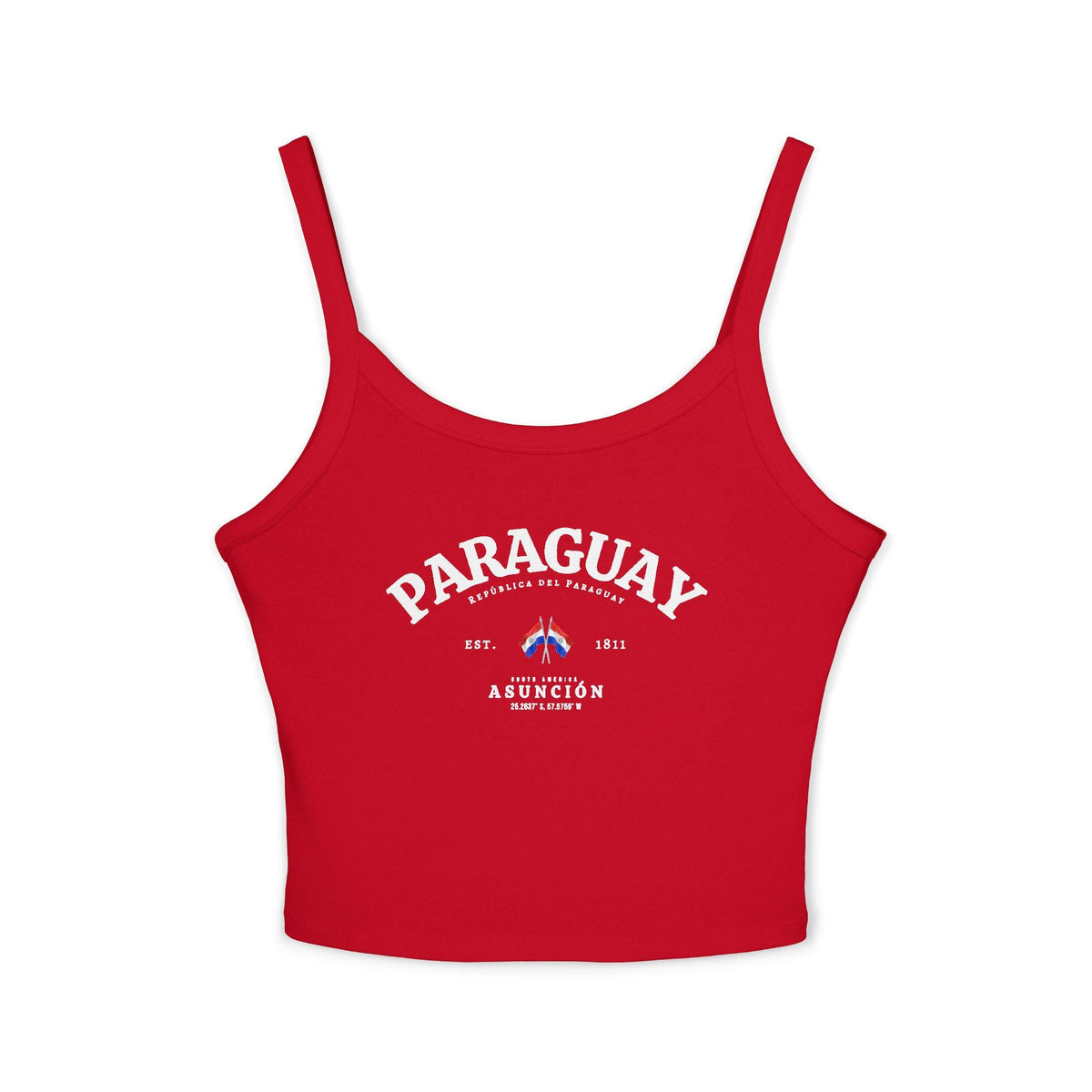 Red Paraguay tank top with arched white lettering, crossed flags, Est. 1811, and Asunción text