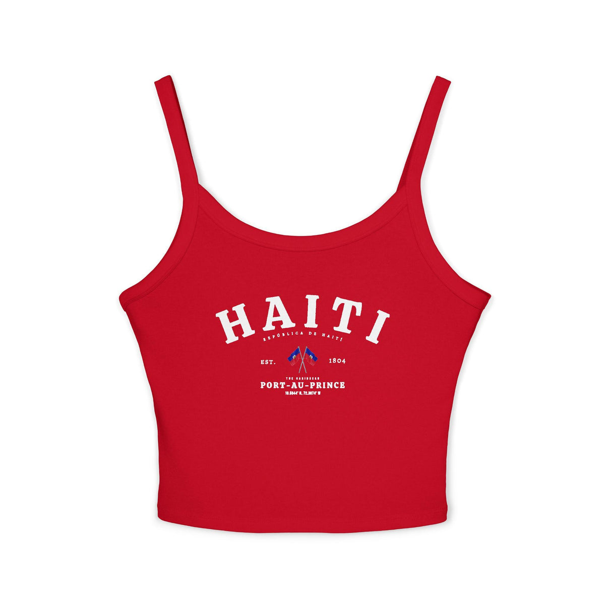 Blue tank top with vintage Haiti Port-au-Prince design, Haitian flags, and Est. 1804 text