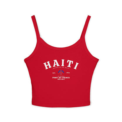 Blue tank top with vintage Haiti Port-au-Prince design, Haitian flags, and Est. 1804 text