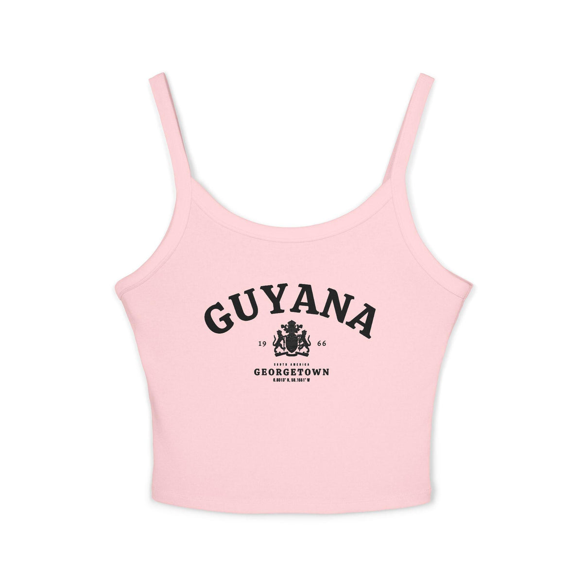 Black tank top with vintage Guyana Georgetown design, coat of arms, 1966, and South America text
