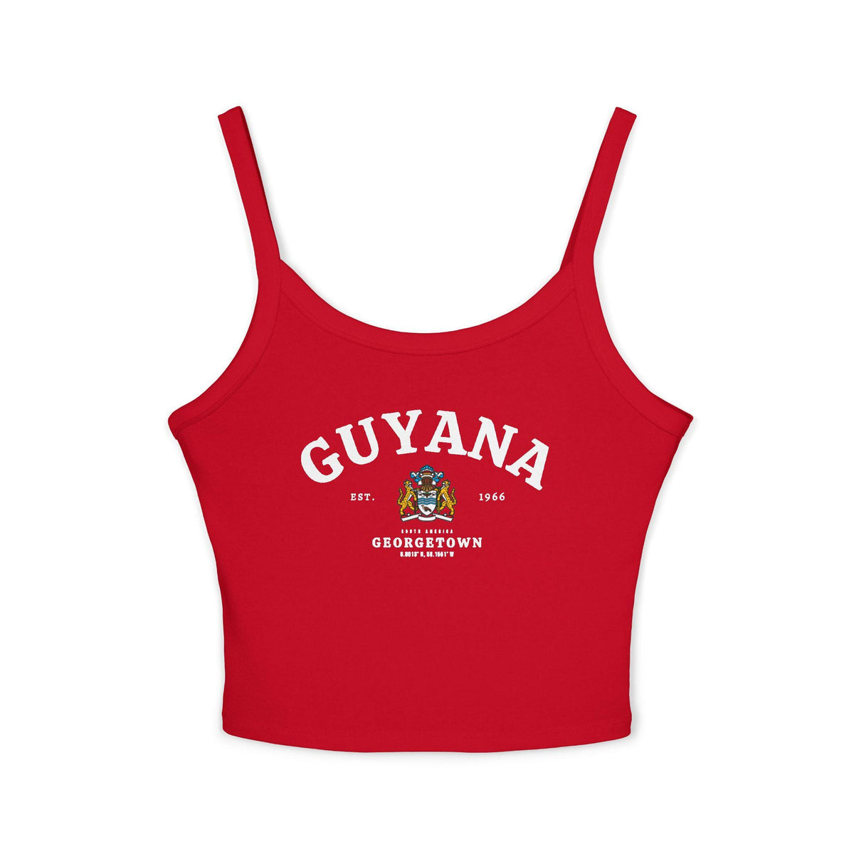 Navy tank top with arched Guyana text, coat of arms, Georgetown, Est. 1966, and South America details